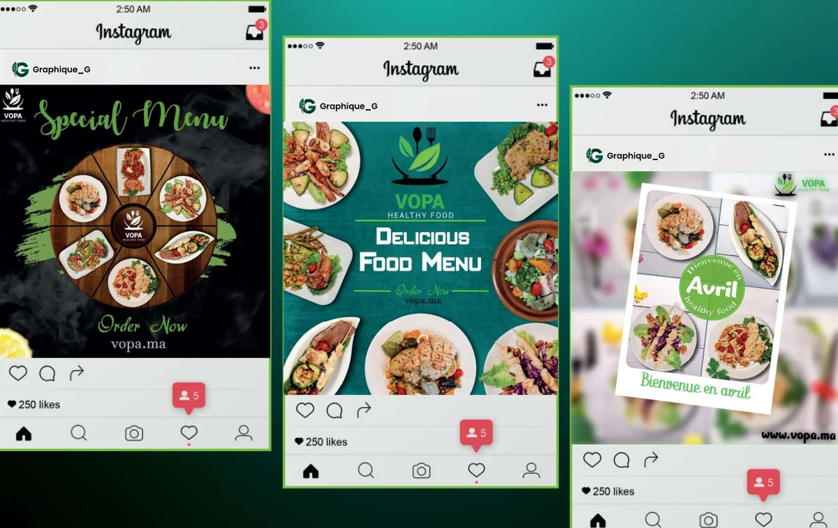 Vopa Healthy Food — Visuels promotionnels · Réseaux sociaux · Composition photo